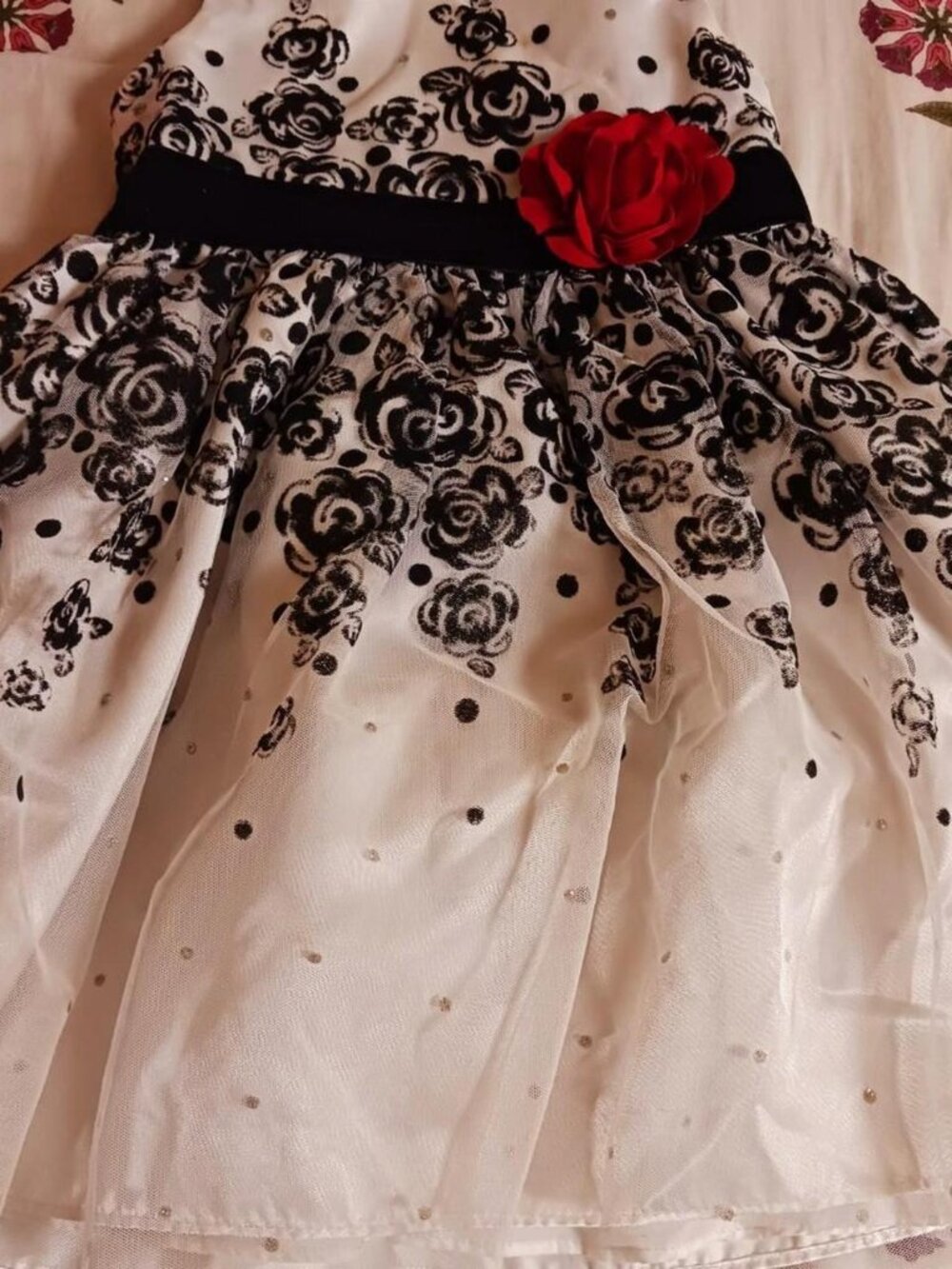 black and white rose patterned dress with rose